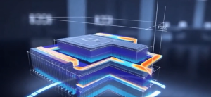 A technical 3D wireframe and thermal simulation model of an integrated circuit (IC) package, showing heat flow and cooling paths.